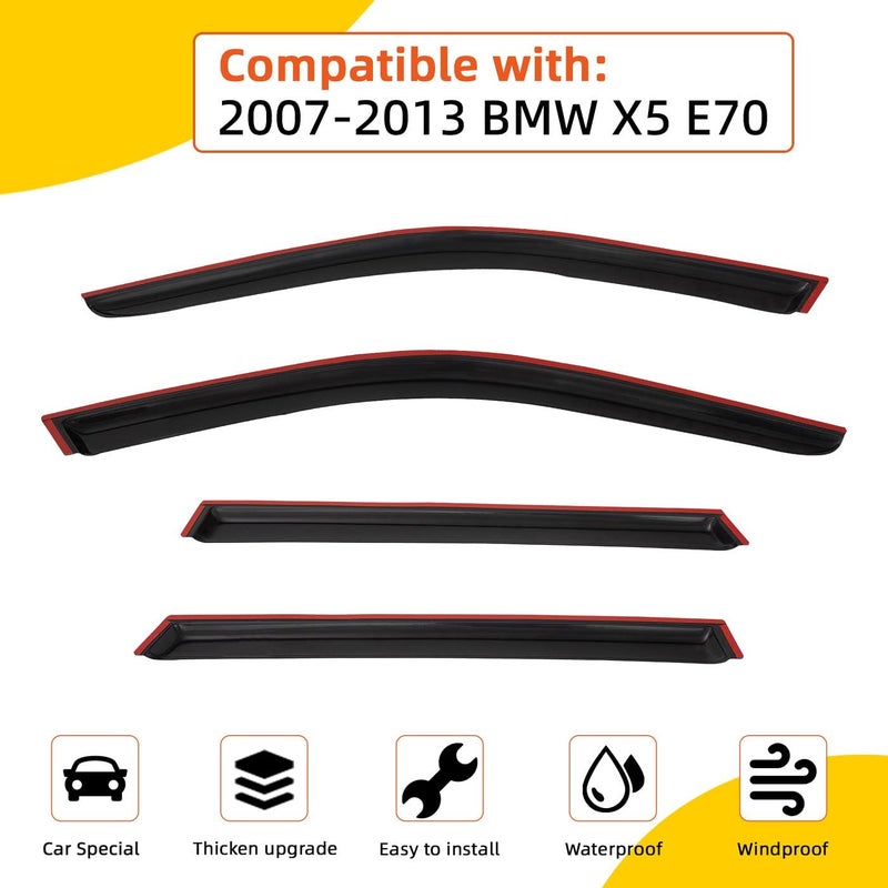 PLDDE Rain Guards Compatible with 2007-2013 BMW X5 E70 Tape-On 4-Door Side Window Visor Wind Deflector Vent Visors Car Accessories - Image 2